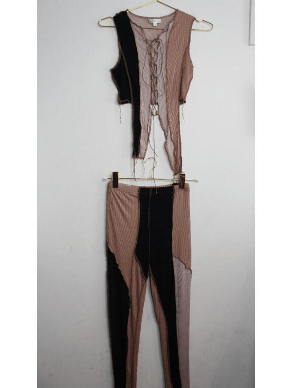 Brown Tan Lettuce Edge Sexy 2 Piece Set - Crop Lace up Top and Leggings - Medium